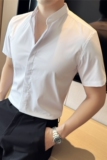 新中式立领衬衫男短袖圆领衬衣休闲时尚衬衣蓝色C2336-P58，男装T恤，电商A213
