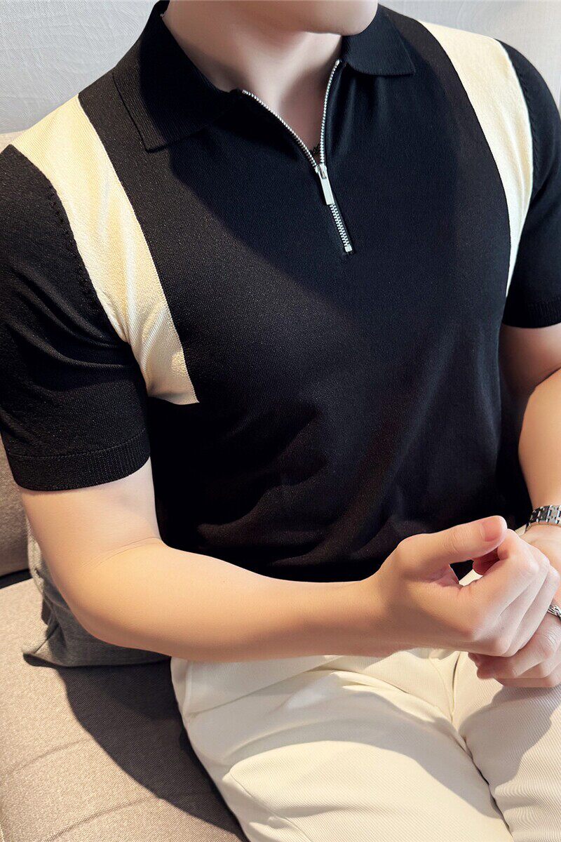 亲肤薄款冰丝凉感拼色针织短袖T恤半拉链翻领Polo衫男JQ3706-P67,男装Polo衫,电商A213