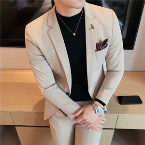 纯色小西装男修身大码两件套男商务休闲西服套装卡其LJT105/P210图片