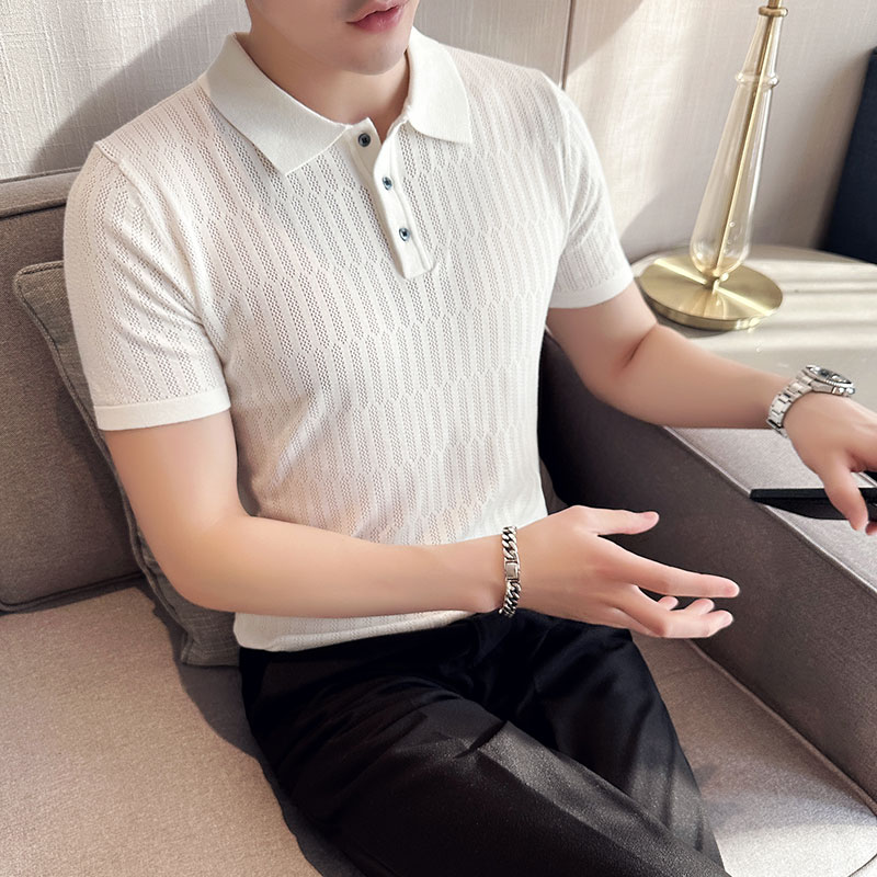 夏季冰丝清凉洞洞针织翻领短袖男T恤修身镂空Polo衫潮PL9770-P63,男装T恤,电商A213