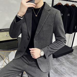 秋冬厚款毛呢西服套装男士暗条纹呢子西服两件套灰色LJT912-P220图片