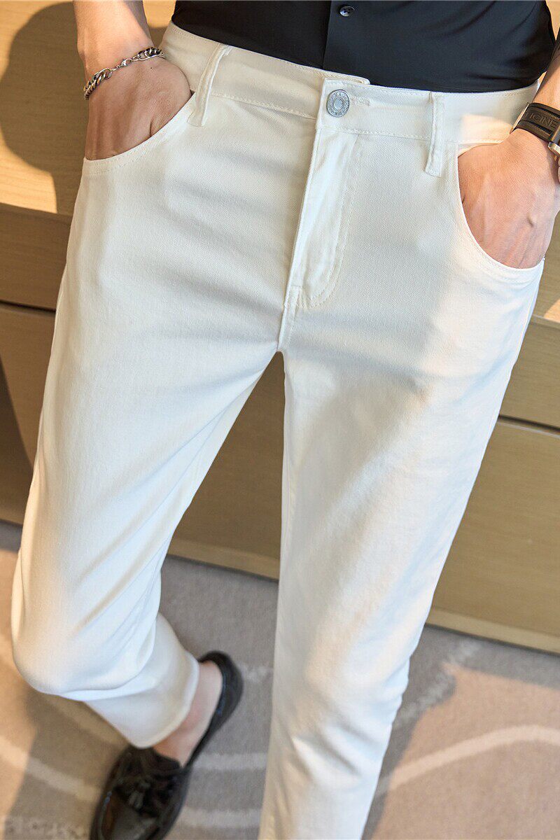 高品质水洗牛仔裤男士弹力纯棉牛仔九分裤纯色长裤白色NK830-P73,男装牛仔裤,电商A213