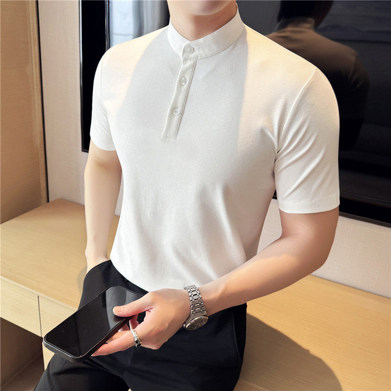 冰肤柔凉感棉质面料亨利领短袖T恤男修身立领polo衫黑色T7860-P50，男装Polo衫，电商A213