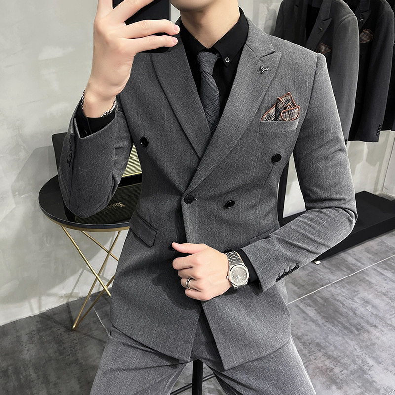秋装条纹西装男套装韩版修身双排扣西服三件套中灰色SJT302/P280,男装西服套装,电商A213