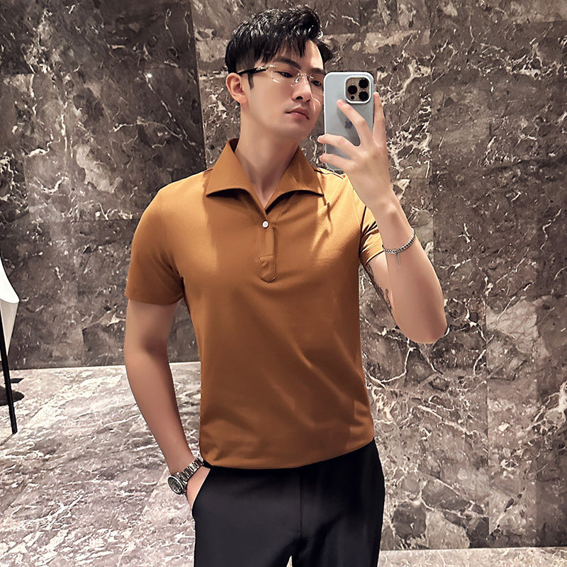 立体一字领休闲polo衫男商务时尚古巴领短袖T恤咖啡色PL2426-P63,男装T恤,电商A213