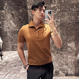 立体一字领休闲polo衫男商务时尚古巴领短袖T恤咖啡色PL2426-P63，男装T恤，电商A213