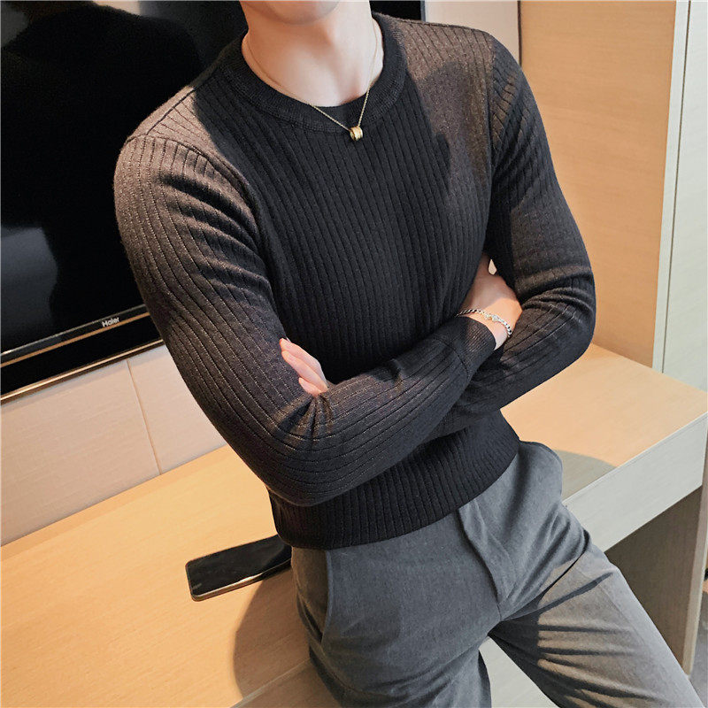 已补到大货 暗条纹圆领毛衣男士套头毛衣修身针织衫深灰M1550-P53图片