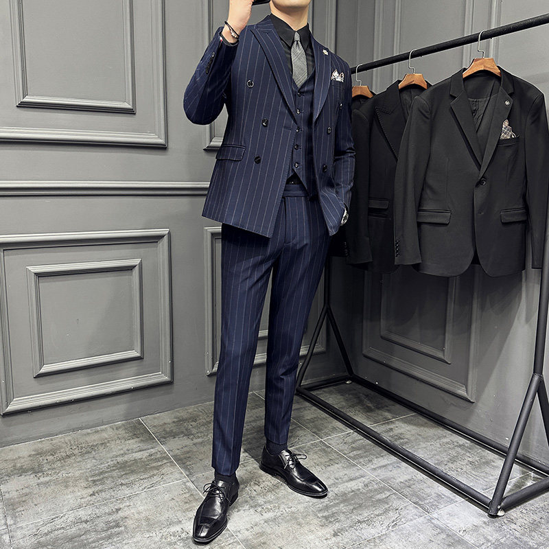 高级感西服套装条纹双排扣戗驳领西装三件套男蓝色SJT8013-P275,男装西服套装,电商A213
