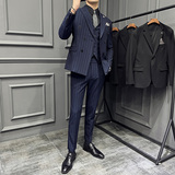 高级感西服套装条纹双排扣戗驳领西装三件套男蓝色SJT8013-P275，男装西服套装，电商A213
