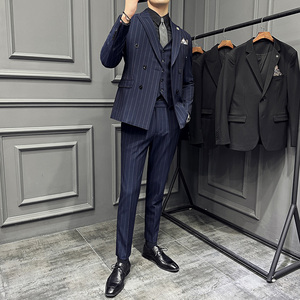 高级感西服套装条纹双排扣戗驳领西装三件套男蓝色SJT8013-P275图片