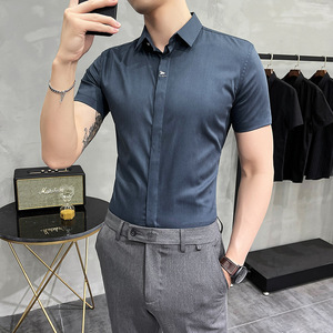 2025夏季新款男刺绣短袖衬衫暗门襟暗扣衬衣修身浅蓝色C1809-P60图片