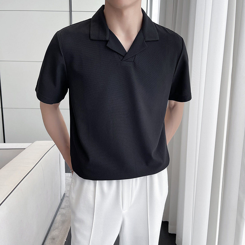 轻熟风~冰丝华夫格古巴领polo衫男西装领短袖T恤蓝色PL2238-P53,男装T恤,电商A213
