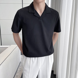 轻熟风~冰丝华夫格古巴领polo衫男西装领短袖T恤蓝色PL2238-P53，男装T恤，电商A213