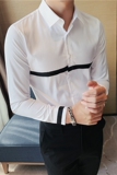 发型师衬衫男长袖韩版潮流修身帅气个性条纹织带衬衣白色C666/P60，男装衬衫，电商A213