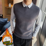 螺纹针织毛衣~加绒假两件衬衫领针织背心套头毛衣男JR8351-P100，男装背心/马甲，电商A213