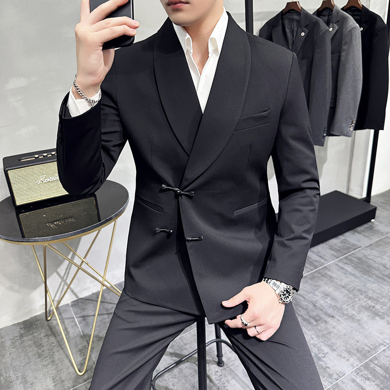 新中式休闲盘扣西服套装青果领宴会西装两件套男黑色LJT953-P243,男装西服套装,电商A213