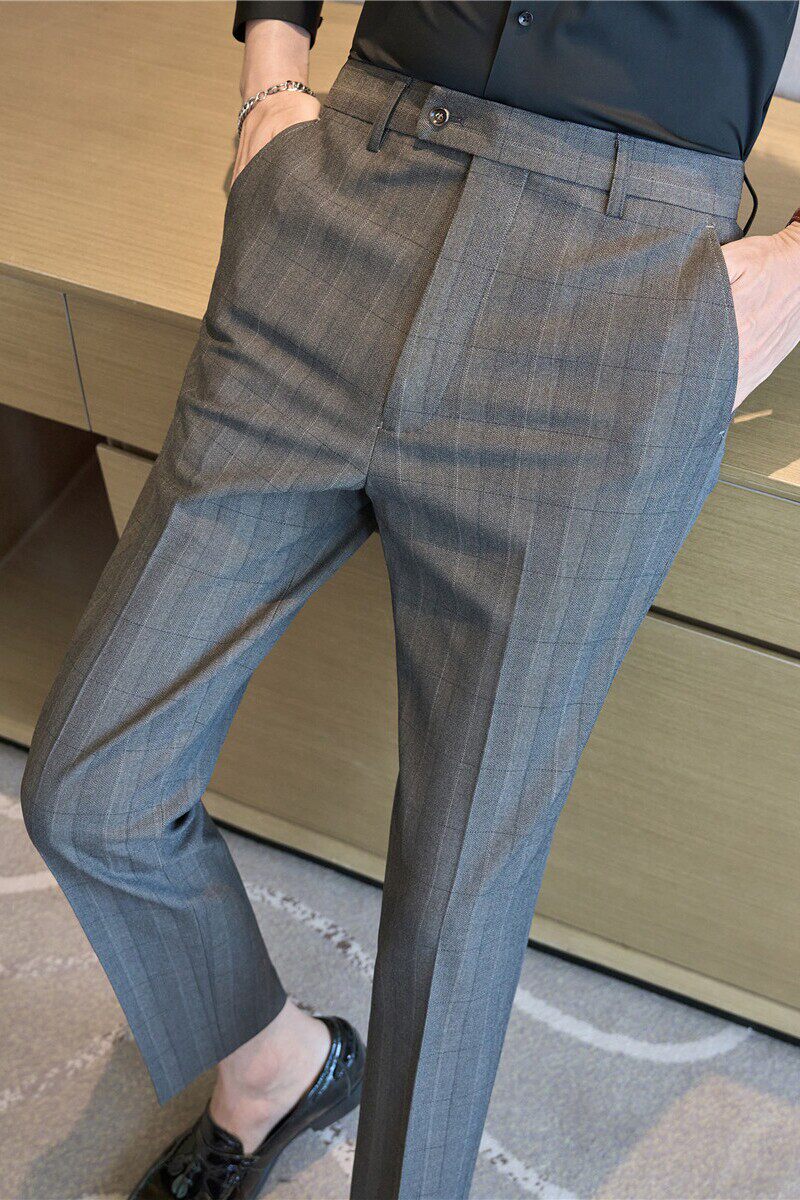 高级感格子西裤男士休闲裤弹力修身小脚西装长裤灰色XK8033-P75图片