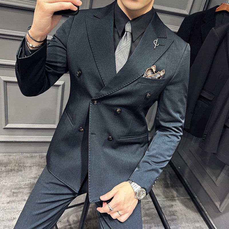 高级感西服套装双排扣戗驳领西装三件套男巧克力色SJT121-P265图片