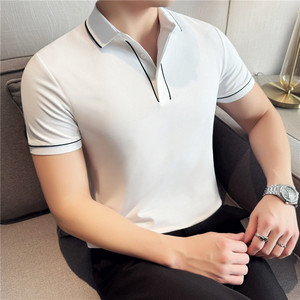 新疆长绒棉液氨科技~夏季线条撞色polo衫短袖t恤宝石红PL2256-P48图片