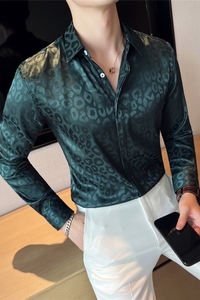 薄款网红亮面高级感男空调衬衫斑马纹帅气长袖衬衣墨绿色CXT1-P60图片