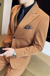 高级感新郎西服套装两粒扣戗驳领西装三件套男焦糖色SJT120-P265图片