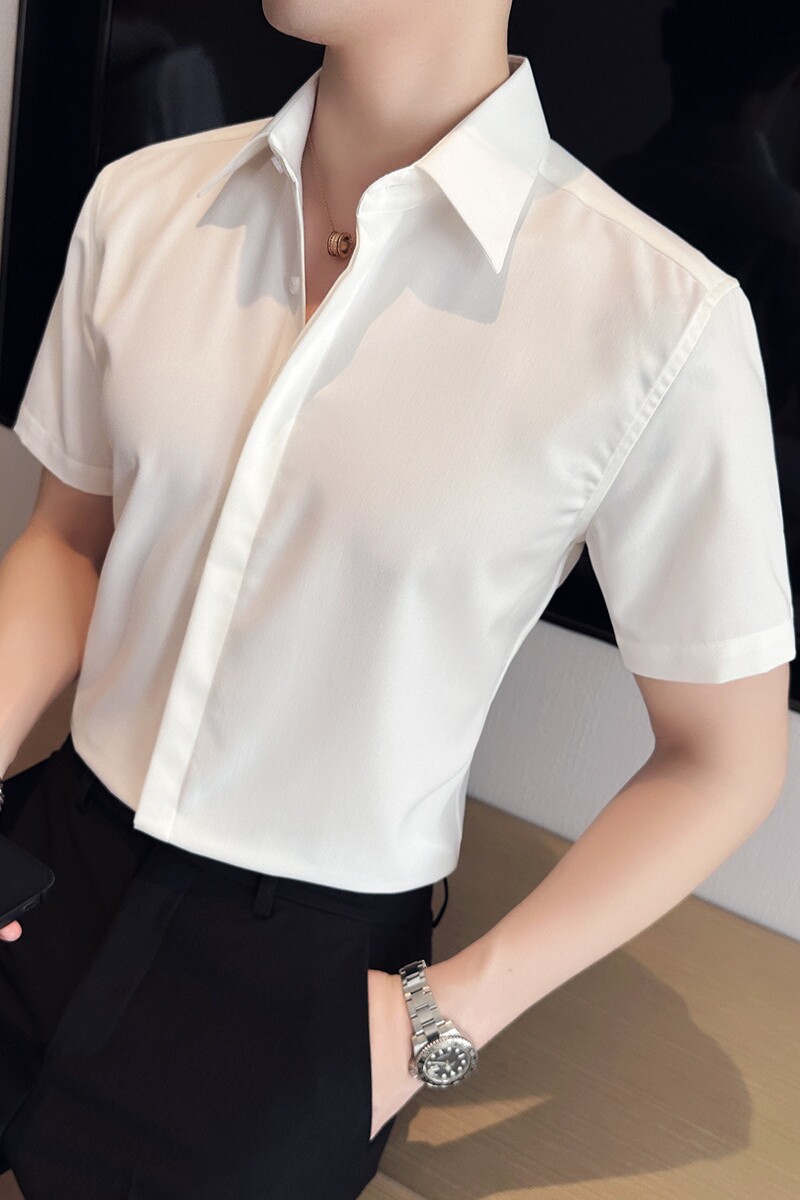 夏季网红暗门襟尖领衬衫男短袖帅气商务休闲男衬衣白色C2303-P58,男装T恤,电商A213
