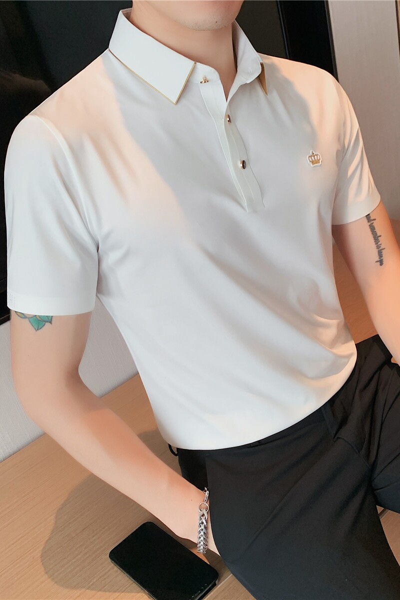 小金边冰丝轻薄高弹翻领无痕T恤男士冰感短袖POLO衫白色PL01-P70,男装T恤,电商A213