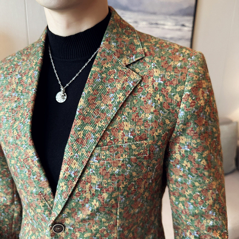 高级感花色西服外套男时尚印花西装厚款单西上衣卡其色DX920-P155,男装西服套装,电商A213