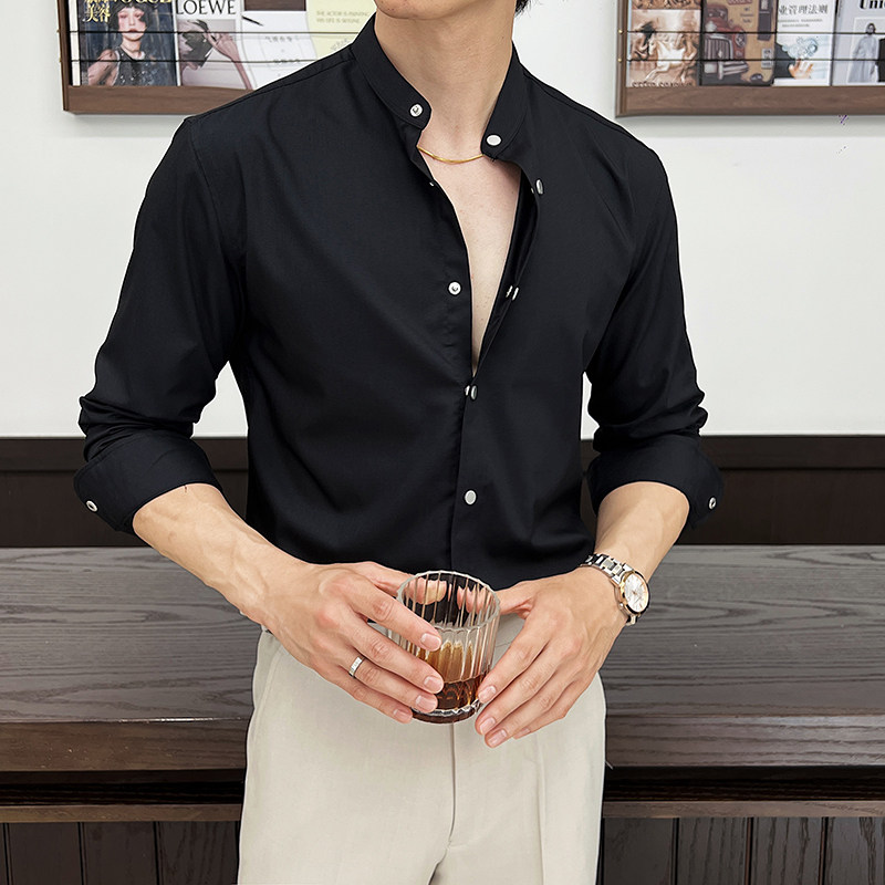 2025春装新款新中式高级感肌理纹立领衬衫男长袖高档衬衣C412-P67图片
