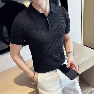 夏季冰丝薄款格纹针织翻领短袖男T恤修身Polo衫灰色PL97131-P63图片