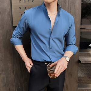 2025春装~新中式高级感立领衬衫男长袖弹力垂感衬衣蓝色C2350-P58图片