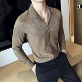 个性褶皱面料坑条个性长袖衬衫古巴领衬衣男大翻领咖啡C2631-P63，男装衬衫，电商A213