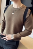 华夫格拼色毛衣男针织套头毛衣圆领毛线针织衫咖啡色M9913-P88，男装针织衫/毛衣，电商A213