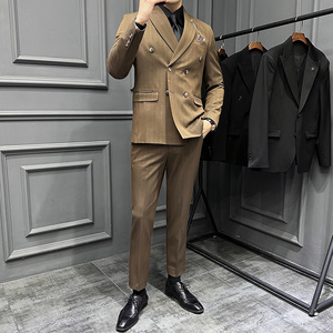 高级感西服套装条纹双排扣戗驳领西装三件套咖啡色SJT8023-P275图片