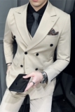 戗驳领双排扣西装男套装修身商务西服三件套卡其色SJT405-P265，男装西服套装，电商A213