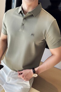 高弹垂感华夫格无痕压胶高级感polo衫男刺绣短袖t恤绿色PL15-P58图片