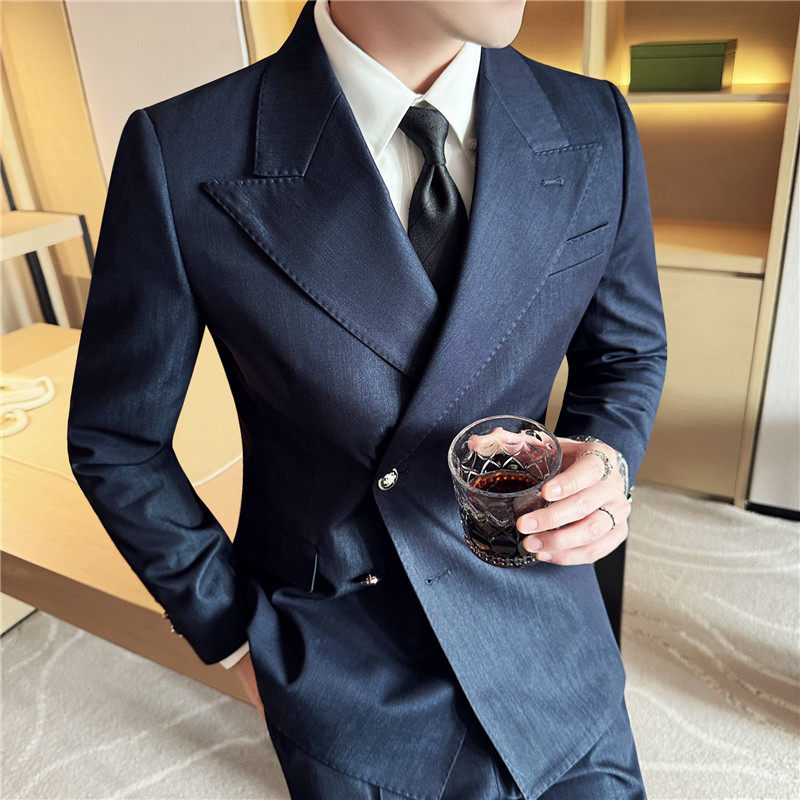 重磅加厚~布雷泽西服外套男双排扣大戗驳领西装牛仔蓝DX706-P193，男装西服，电商A213