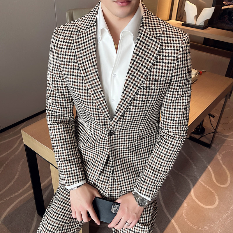 千鸟格子小西装男修身西服两件套男休闲西服套装卡其格LJT13/P225,男装西服套装,电商A213