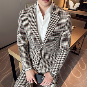 千鸟格子小西装男修身西服两件套男休闲西服套装卡其格LJT13/P225图片