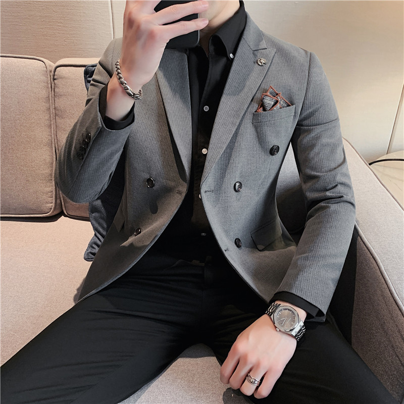 高品质条纹双排扣西装男上衣修身休闲西服外套单西中灰DX112-P155,男装西服套装,电商A213