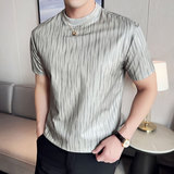 时尚设计款涂层皮面质感闪亮条纹短袖T恤男圆领打底黑色TF103-P42，男装T恤，电商A213