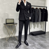 主推款~质感枪驳领双排扣西服套装修身西装两件套黑色LJT412-P215，男装西服套装，电商A213