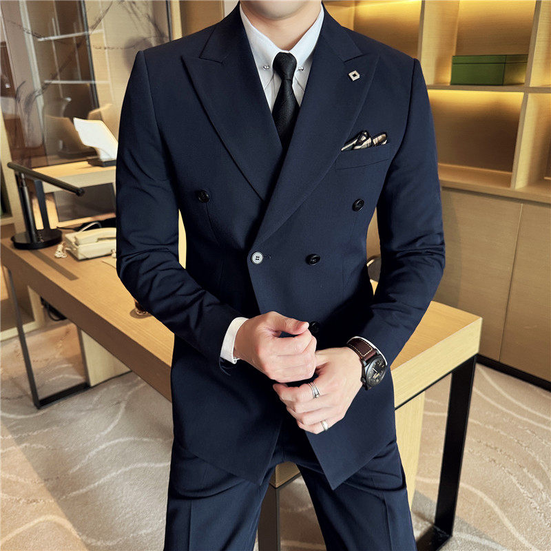 高级感戗驳领双排扣西装三件套男修身商务西服套装SJT7053-P190特,男装西服套装,电商A213