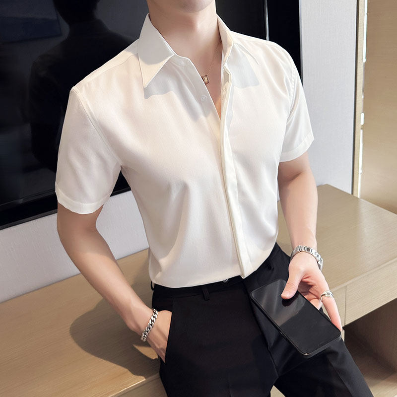 新增4XL~夏季暗门襟大领衬衫男短袖帅气商务休闲男衬衣C2303-P58图片