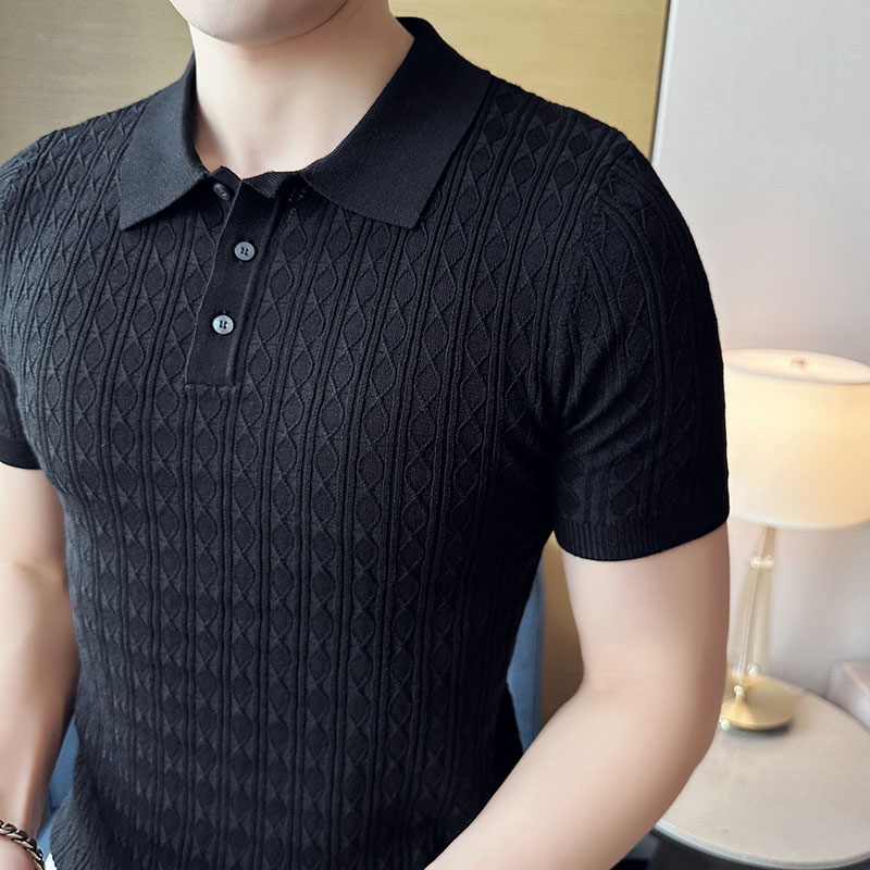 薄款时尚提花针织短袖T恤修身短袖Polo衫翻领tee黑色PL9781-P68,男装T恤,电商A213
