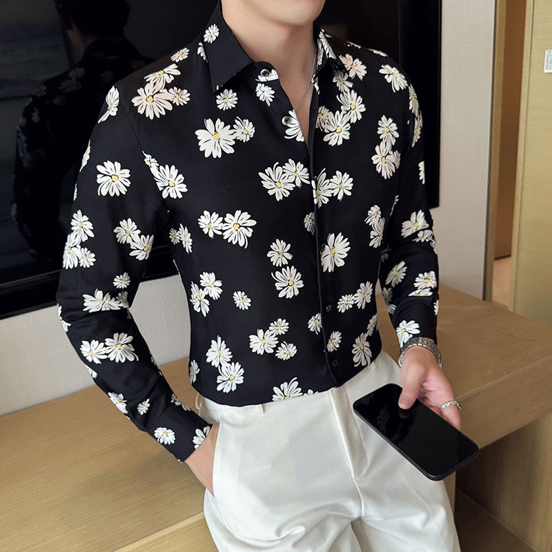 高级感雏菊印花衬衣时尚花衬衫男长袖商务休闲免烫黑色CZ003-P63,男装衬衫,电商A213
