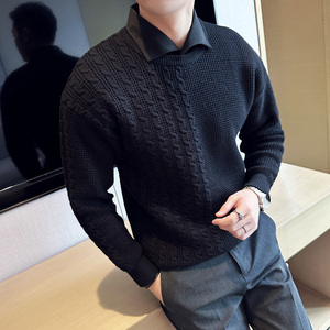 秋冬加厚麻花假两件毛衣衬衫领针织背心毛衣男白色M9511-P113图片