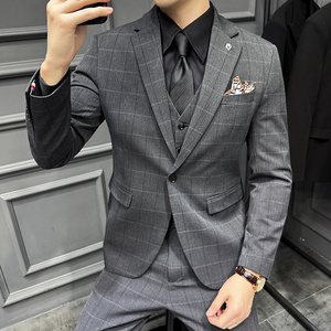 高级感色织布料西服套装男士格子西装三件套男灰色SJT8022-P275图片