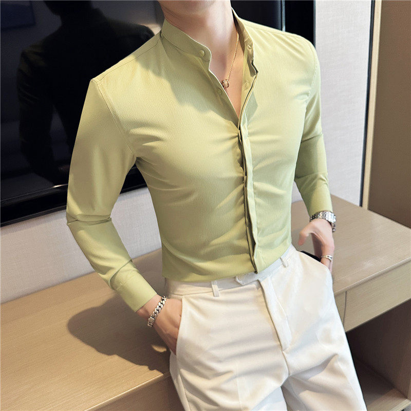 高级感立领衬衫男长袖修身圆领衬衣西装内搭衬衣白色C2312-P63,男装西服套装,电商A213