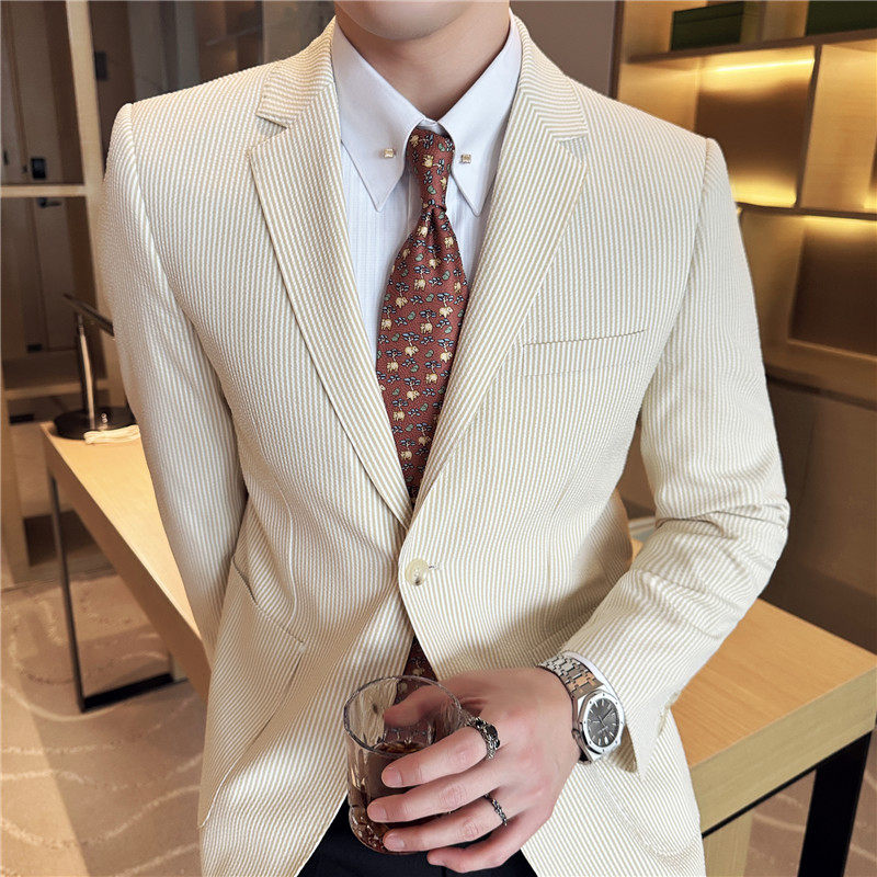 肌理纹质感泡泡纱条纹西装外套轻薄款男西服上衣蓝色DX8821-P137图片